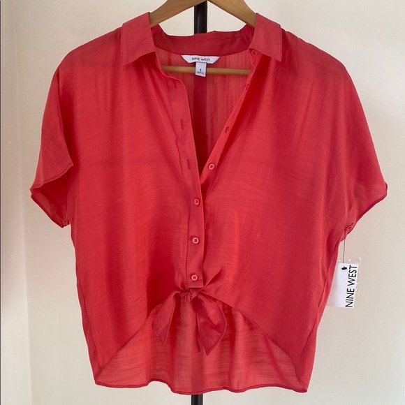 Nine West Pink Button Down Tie Front Top - Picture 1 of 4